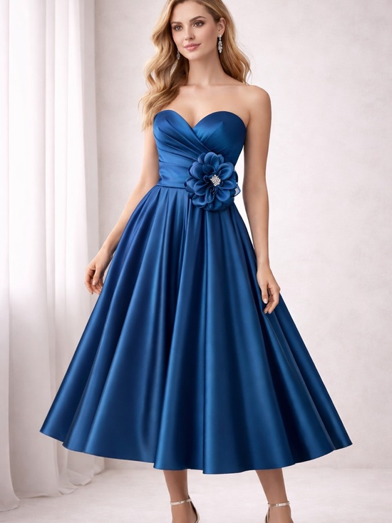 Mori Lee Strapless Cobalt Blue A-Line Midi Dress with Floral Accent